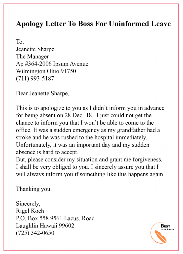 Apology Letter Template to Boss 