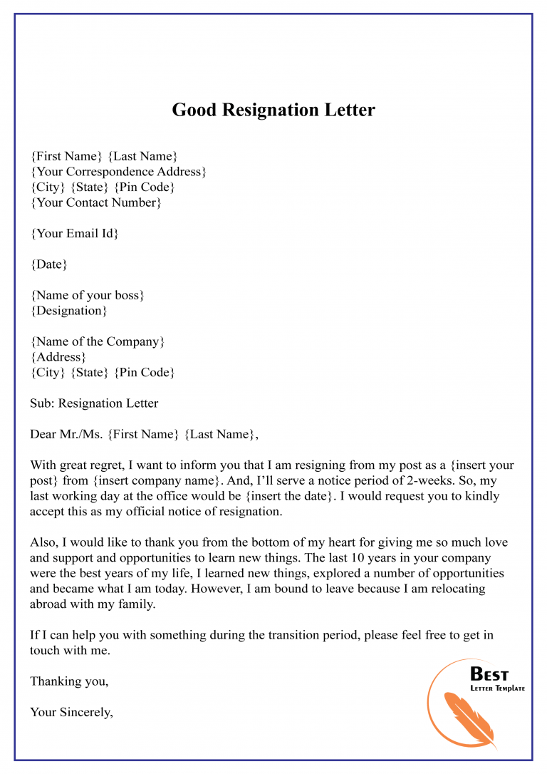 10 Free Resignation Letter Template Pdf Word [doc ]