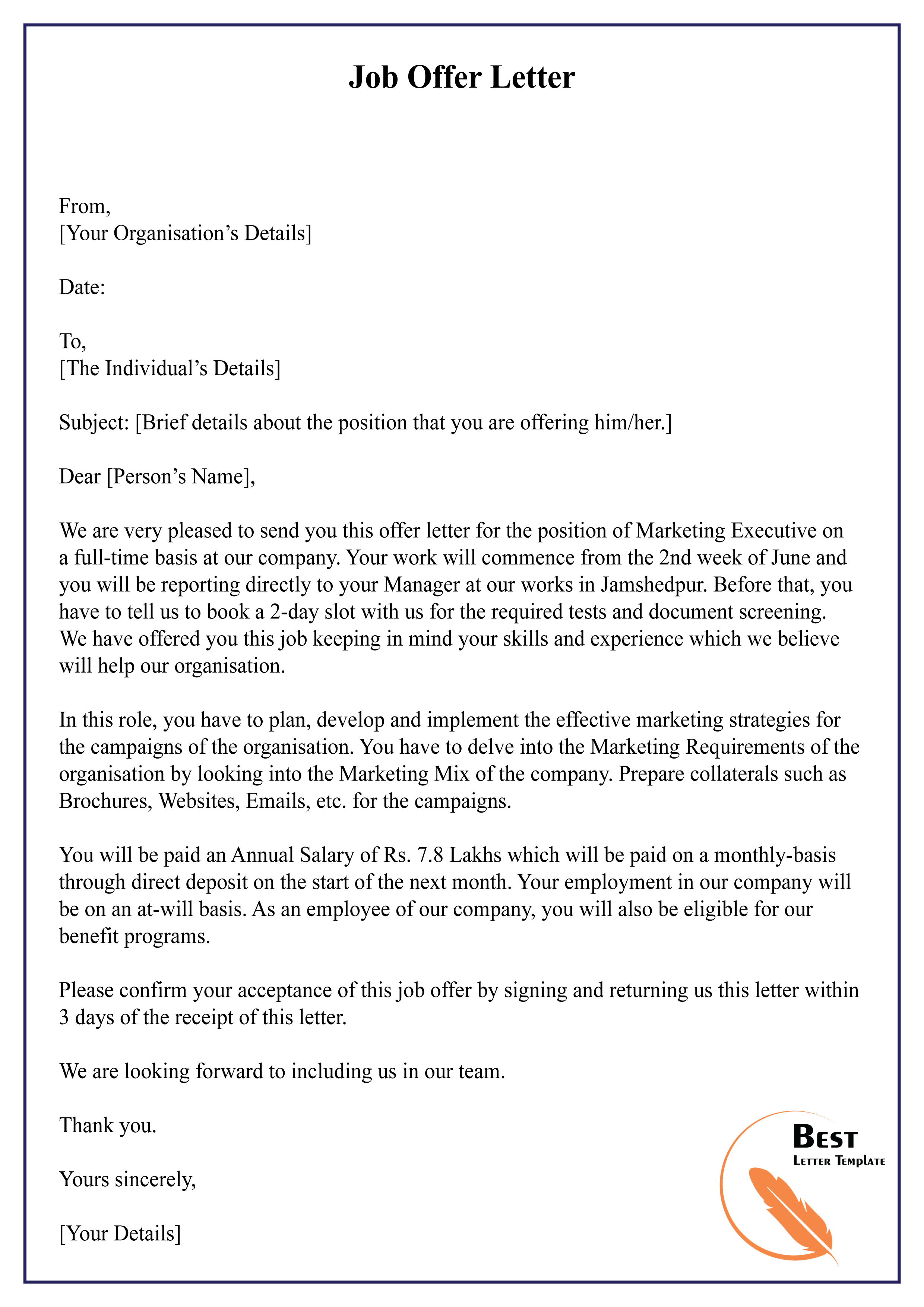 Format of offer letter for job