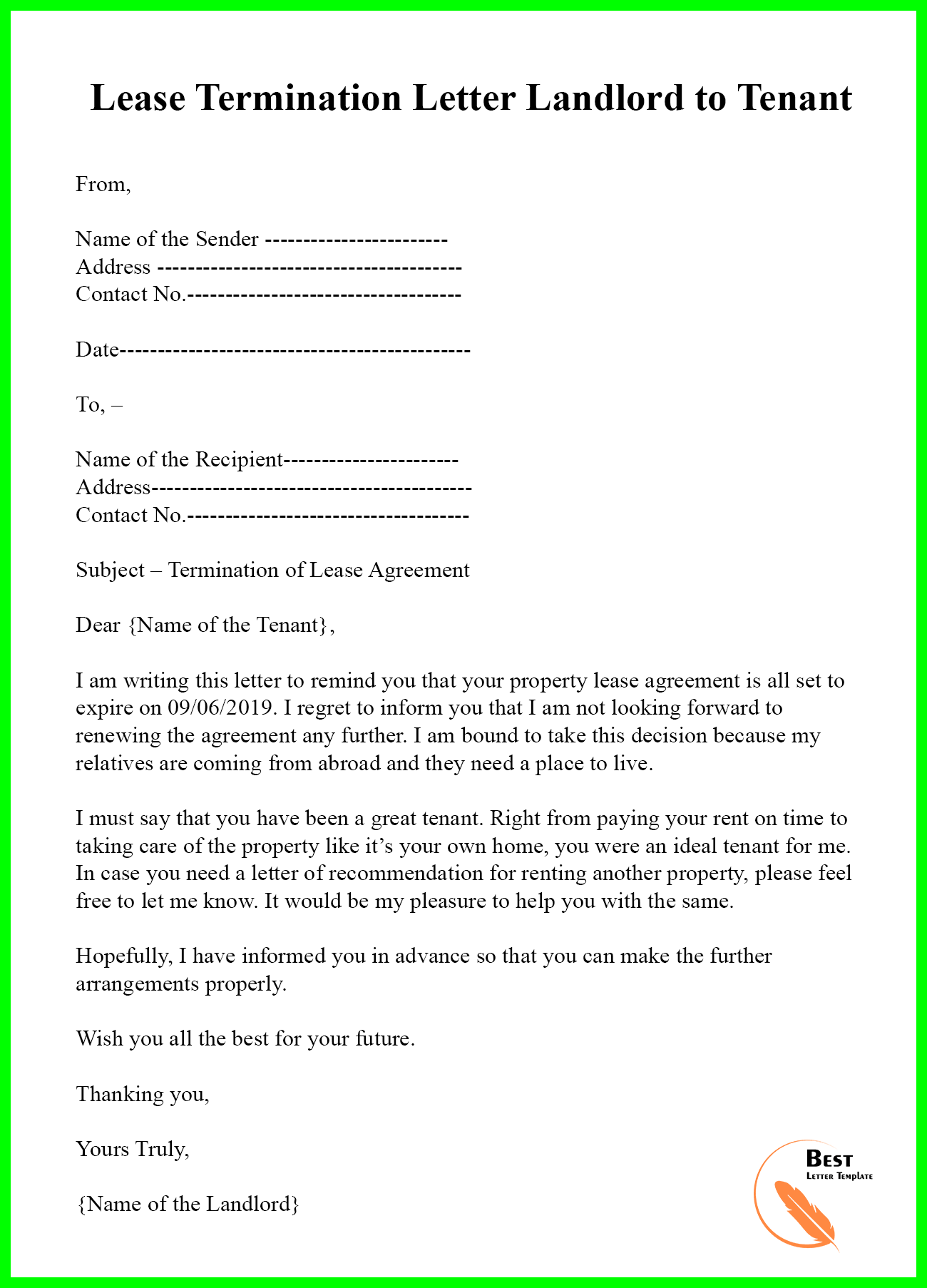 Sample Letter Of Landlord To Tenant Terminating Lease from bestlettertemplate.com