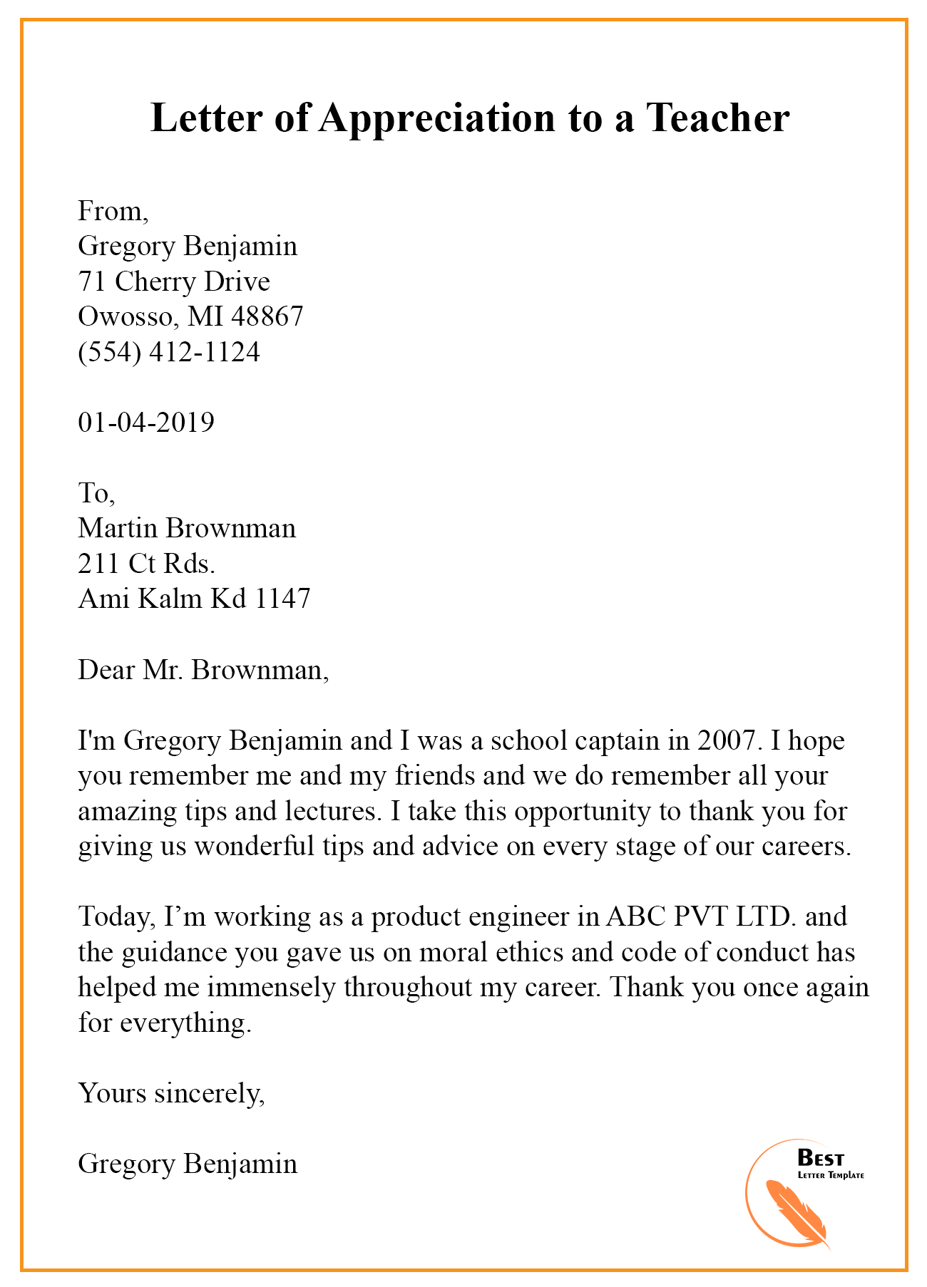letter to teacher assignment