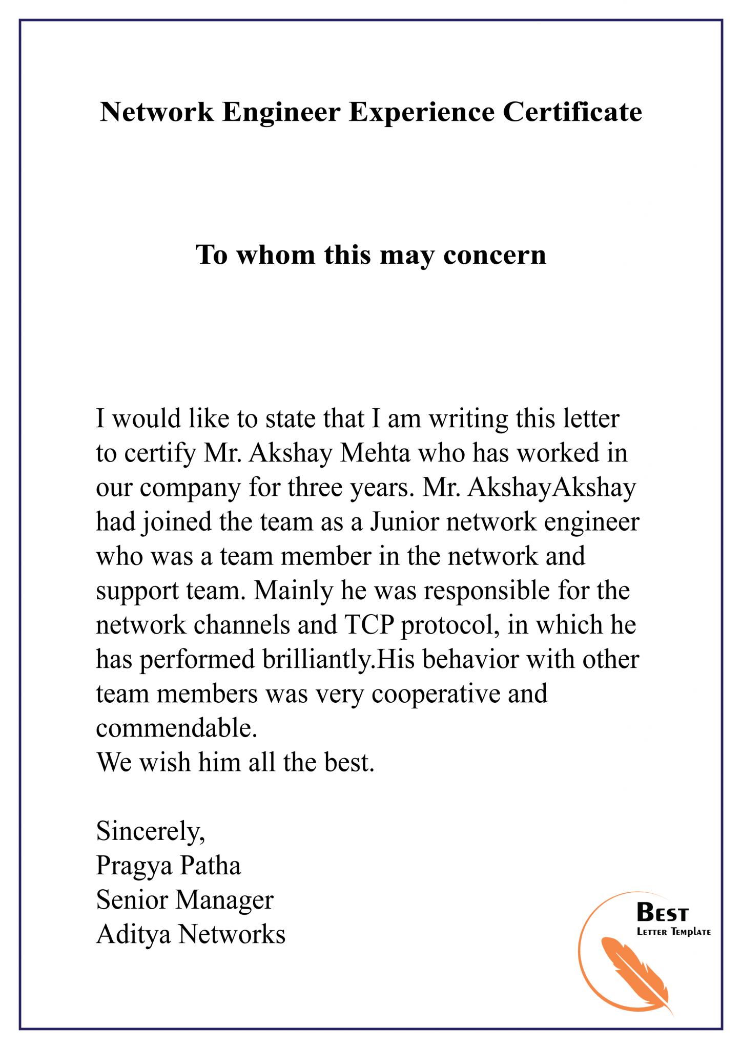 Experience Certificate for Engineer Format, Sample & Example