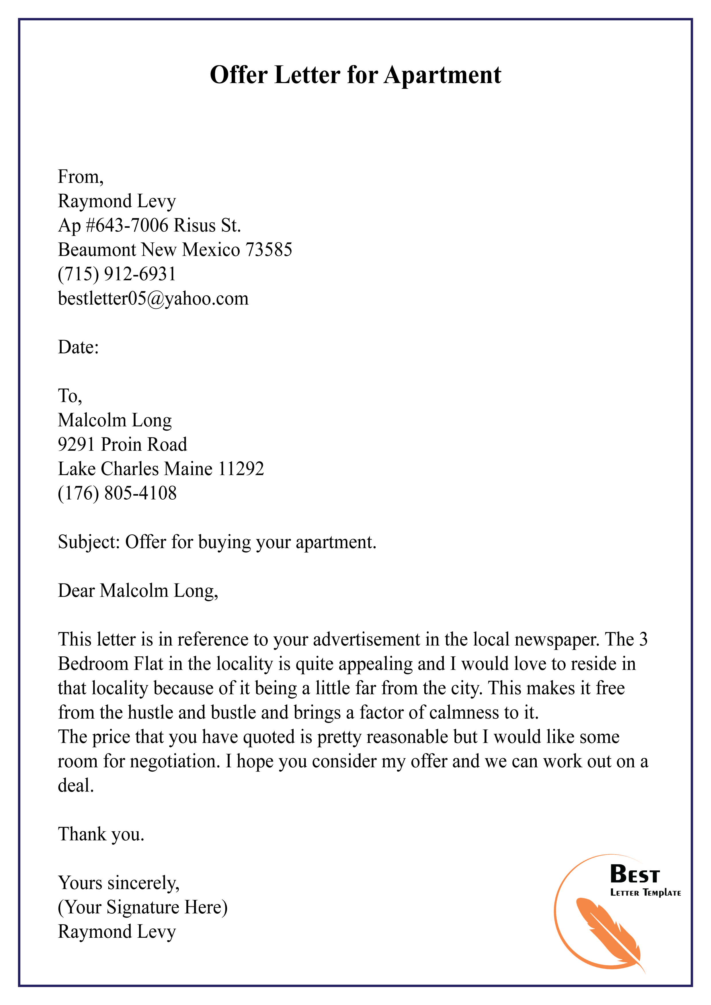 apartment application letter example