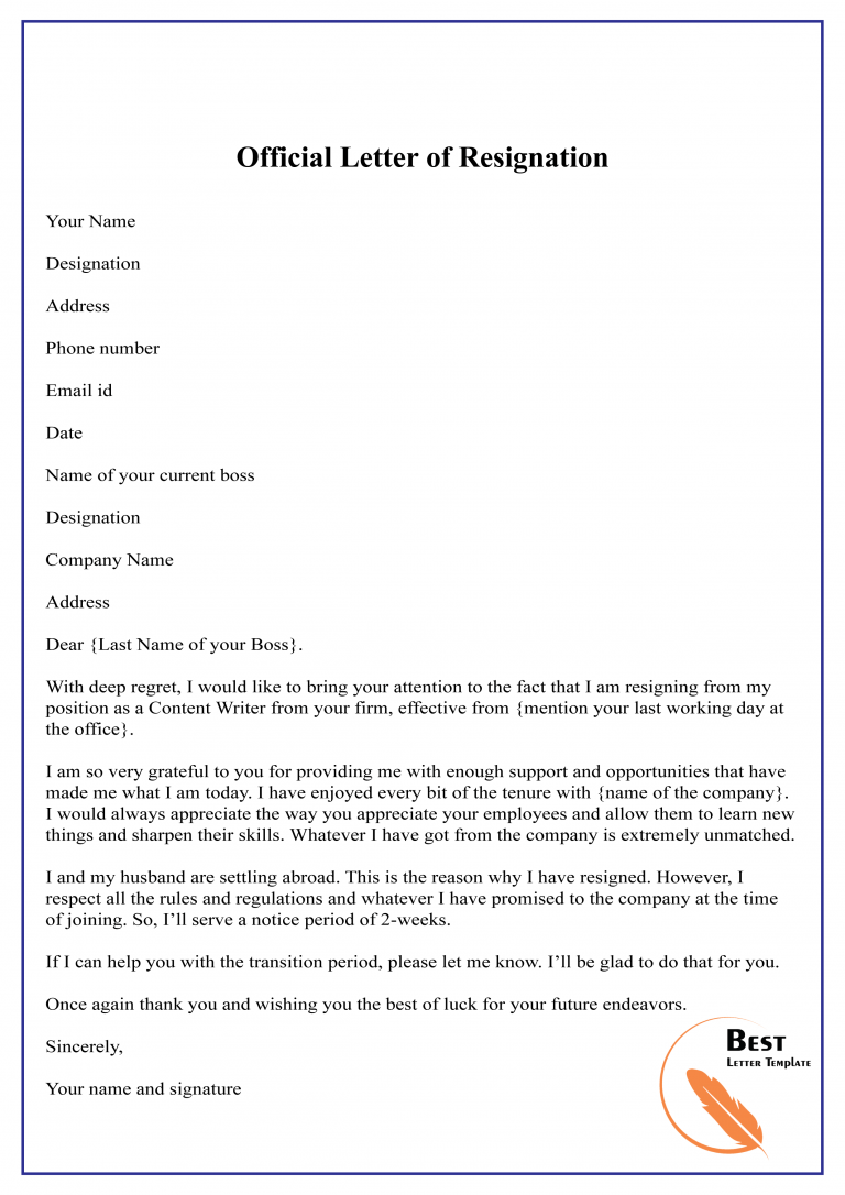 10 Free Resignation Letter Template Pdf Word [doc ]