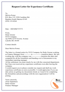 Request Letter for Experience Certificate