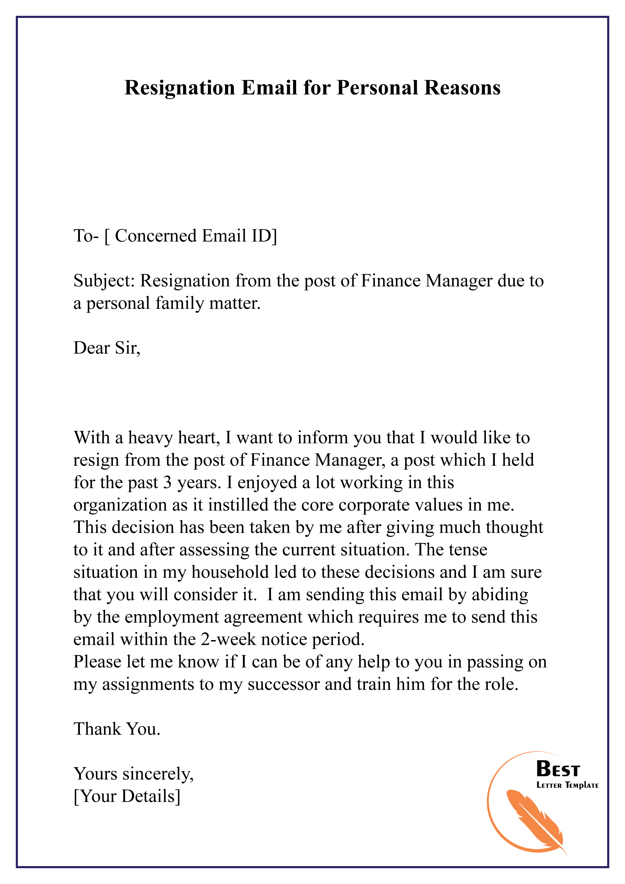 Resignation Email for Personal Reasons
