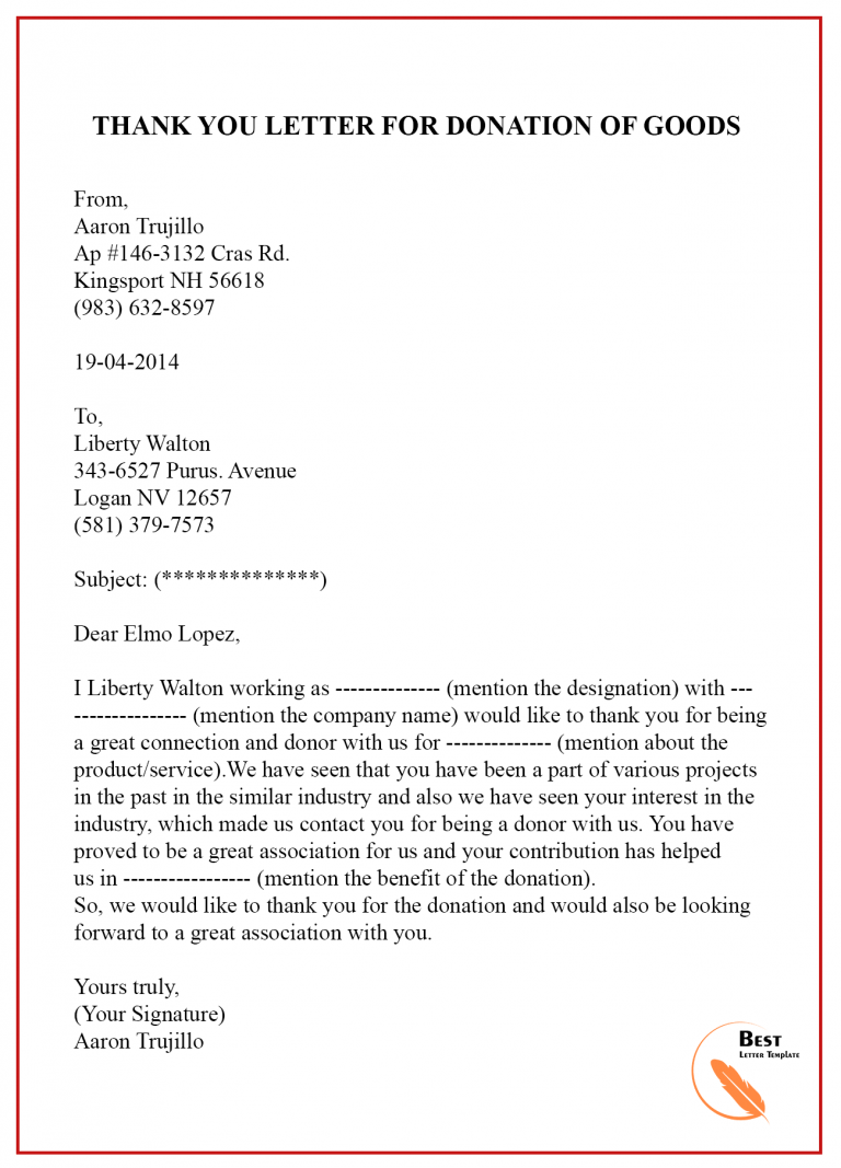 Thank You Letter Template For Donation Sample And Examples