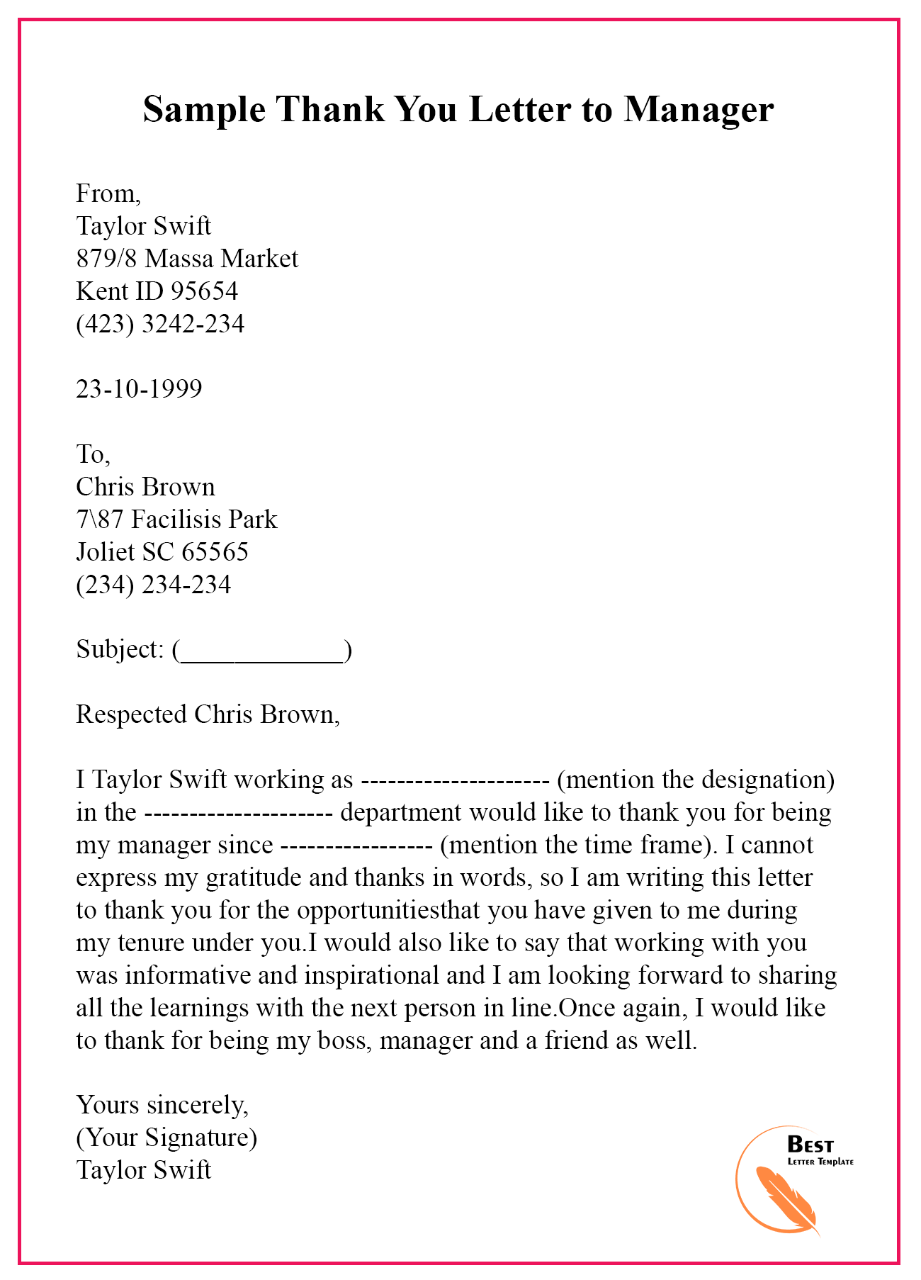 Thank You Letter Template to Boss/Manager - Sample & Examples