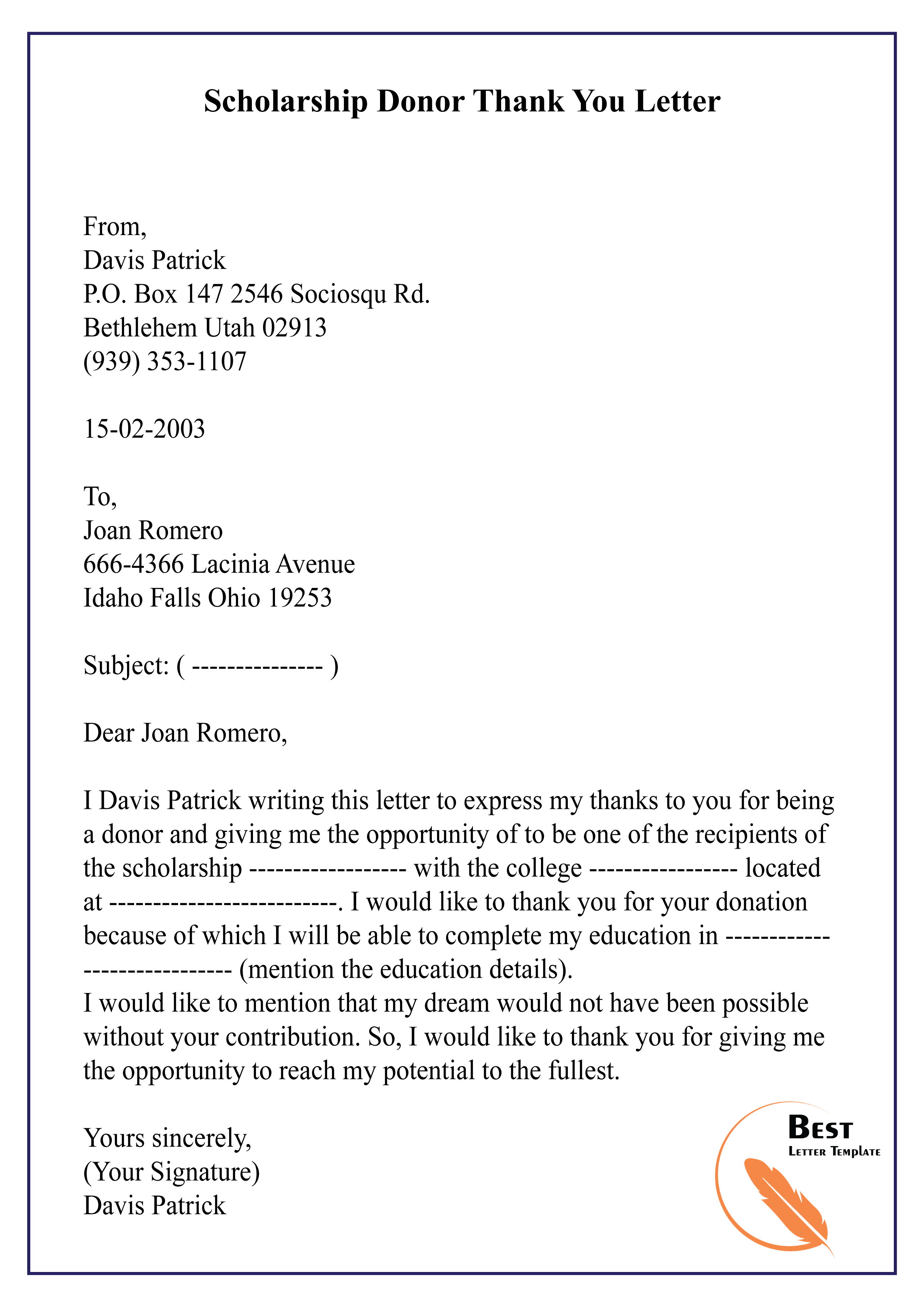 Thank You Letter To A Donor Sample