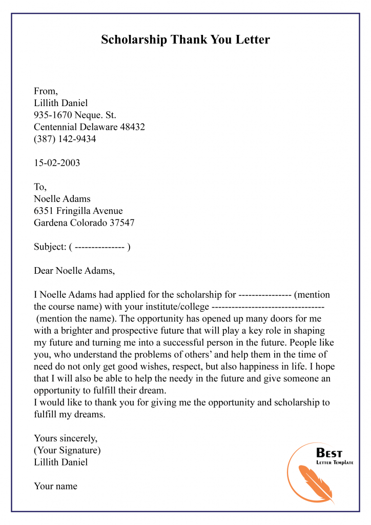 Thank You Letter Template For Scholarship Sample Examples
