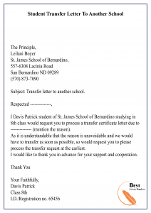 Student Transfer Letter To Another School