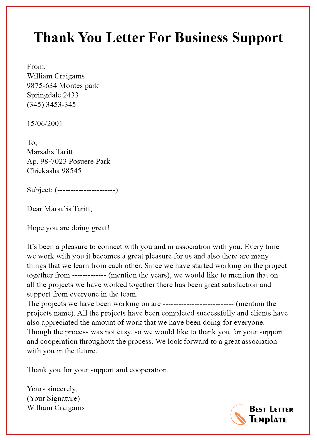 Thank You Letter Template for Support Sample & Examples