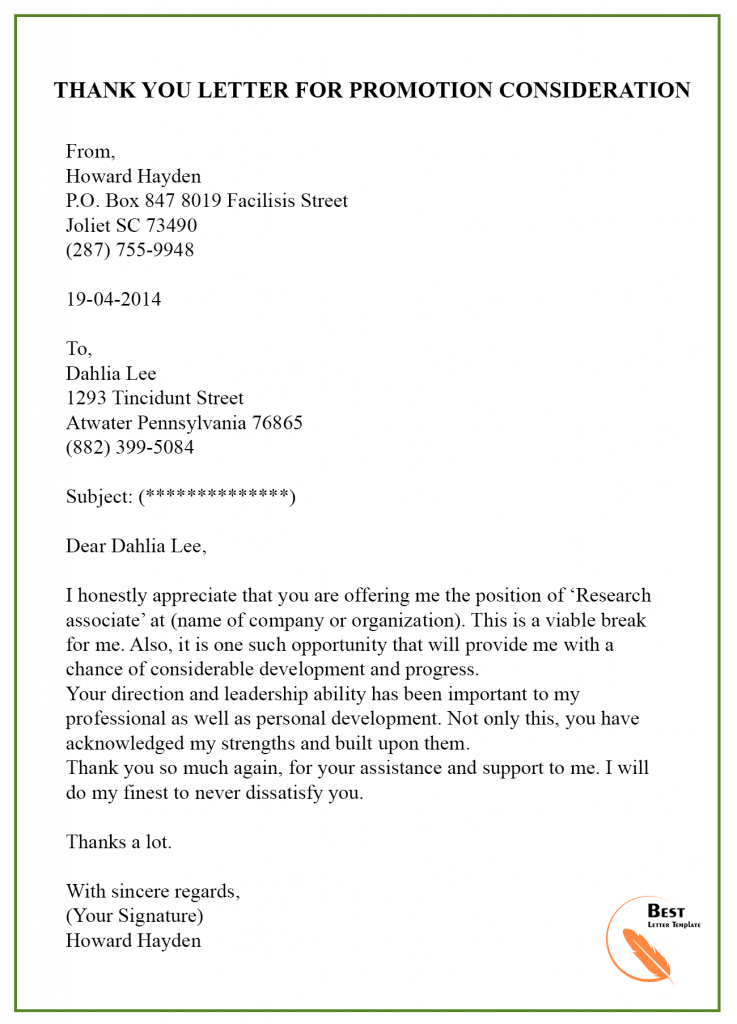 Thank You Letter Template for Promotion - Sample & Examples