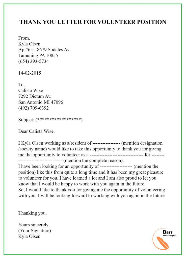 Thank You Letter Template to Volunteers