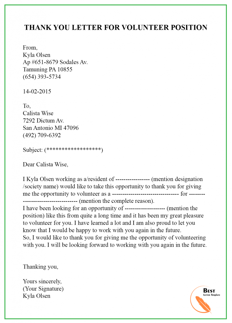 Thank You Letter To Volunteers Template Sample And Examples