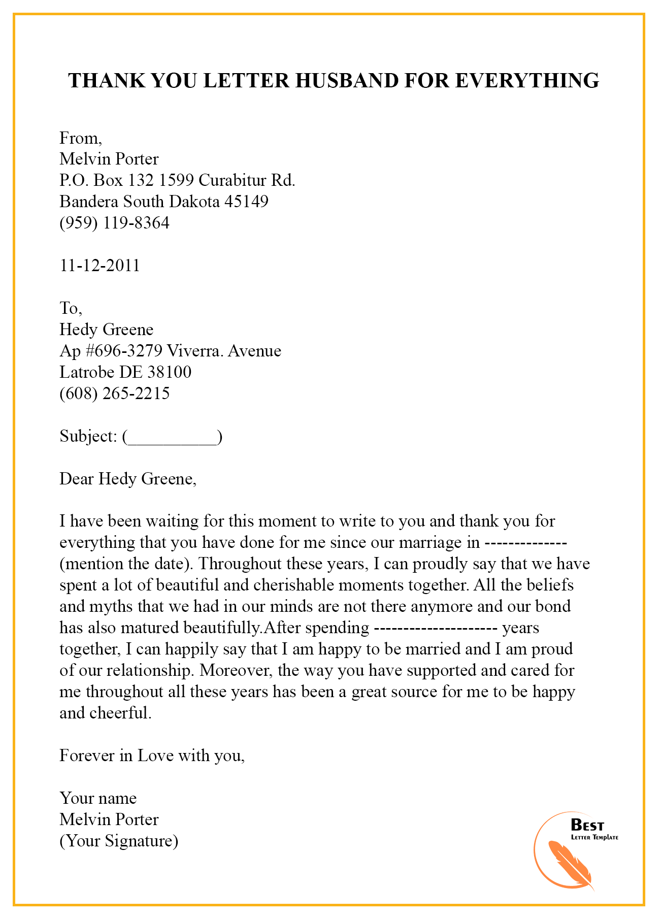 Thank You Letter Template To Husband Sample Examples