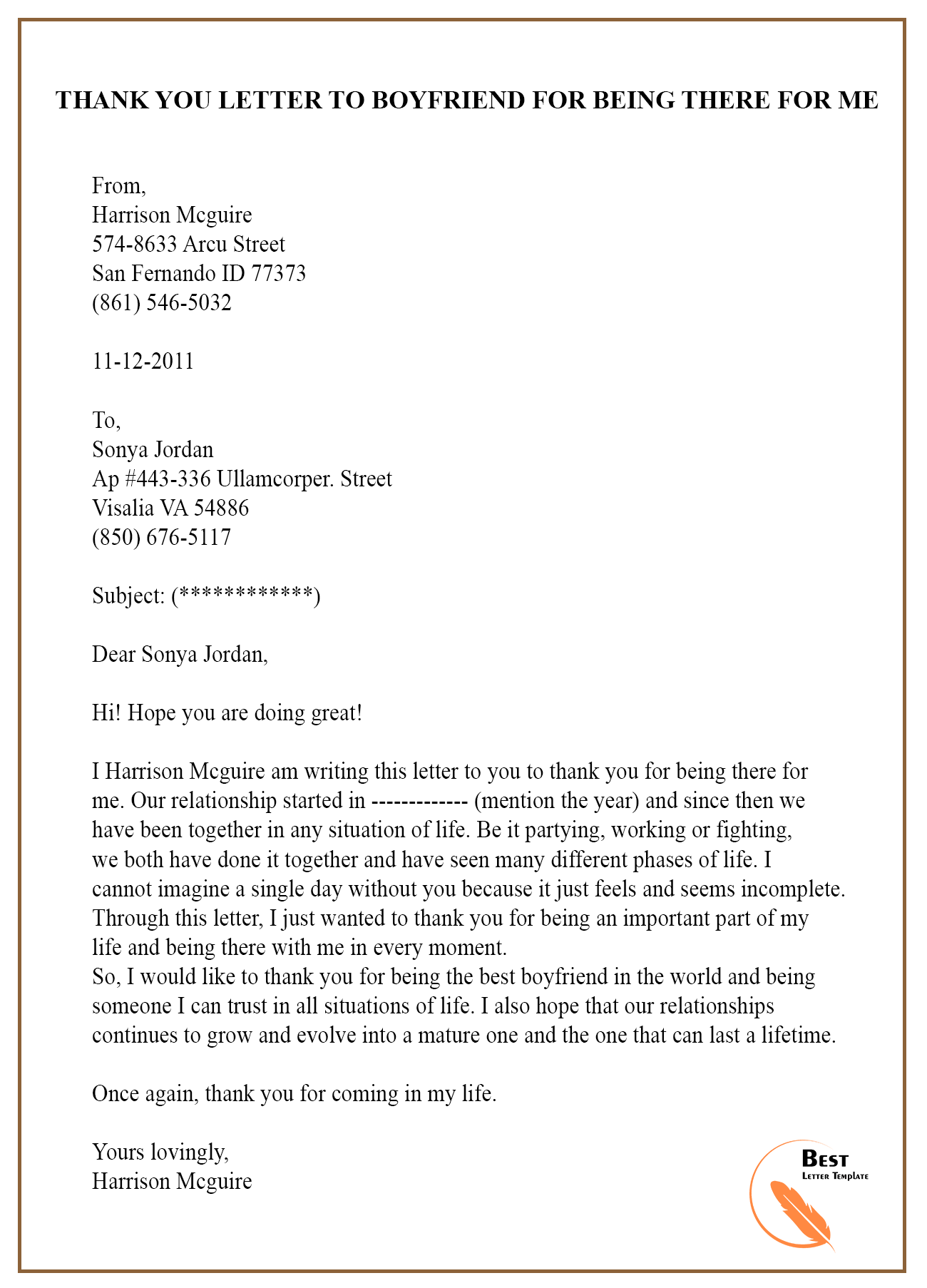 Thank you Letter Template To Boyfriend - Sample & Examples