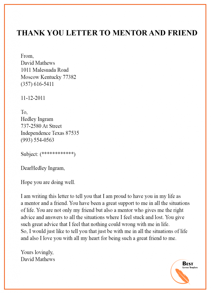 Thank You Letter Template to Mentor