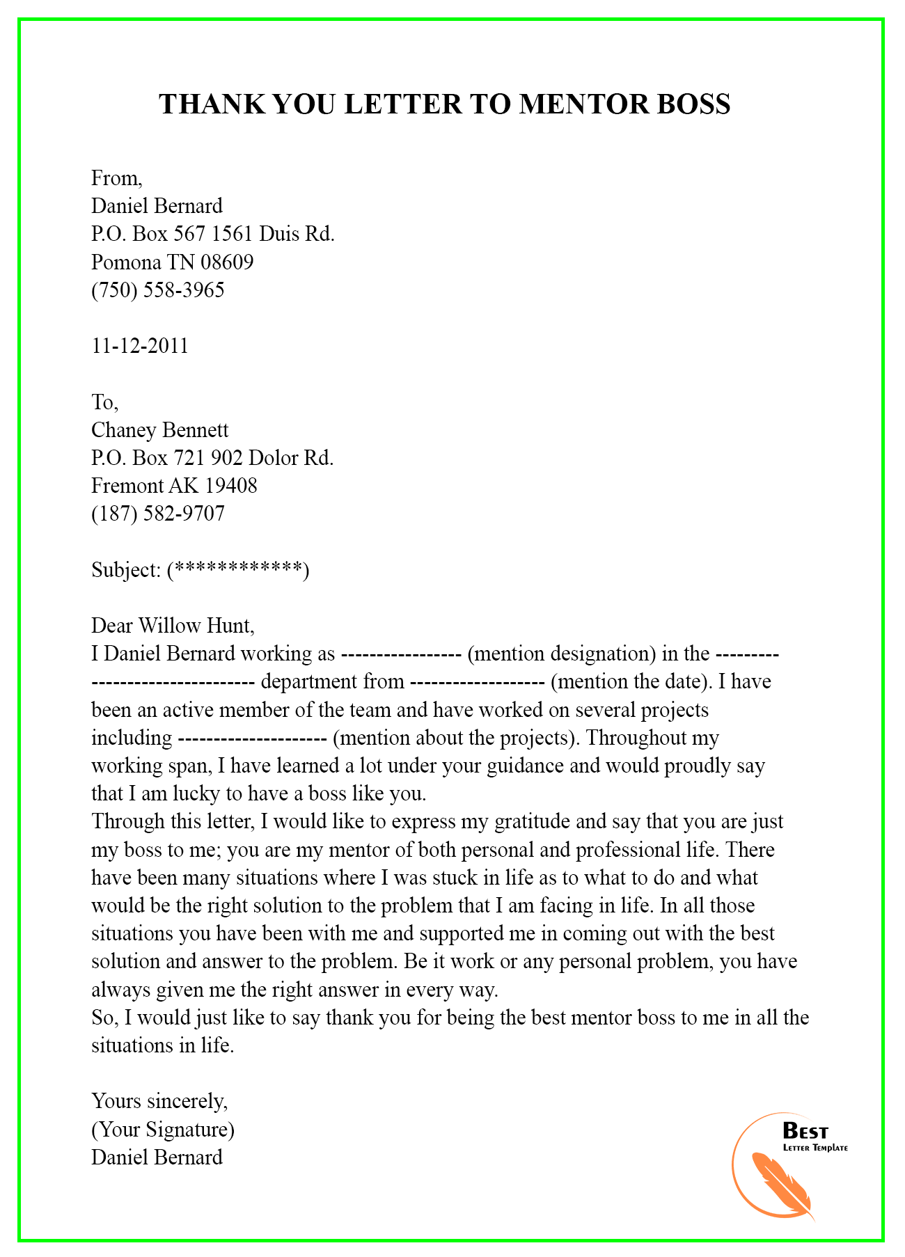 Thank You Letter Template to Mentor Sample & Examples