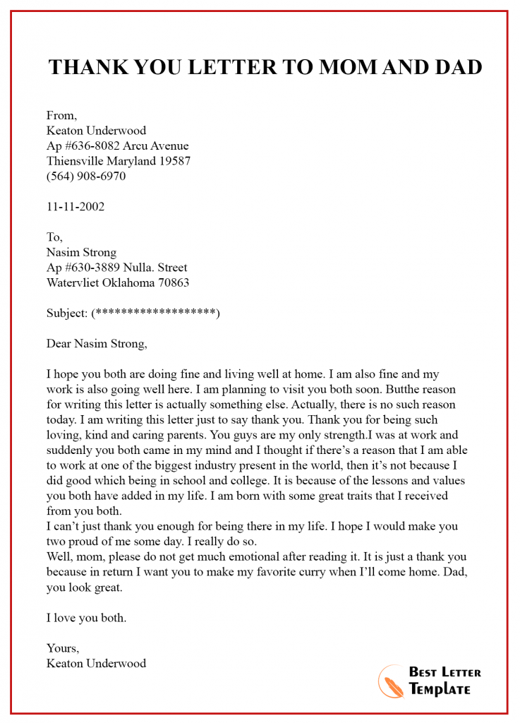 Thank you Letter Template to Mom/ Mother Sample & Examples