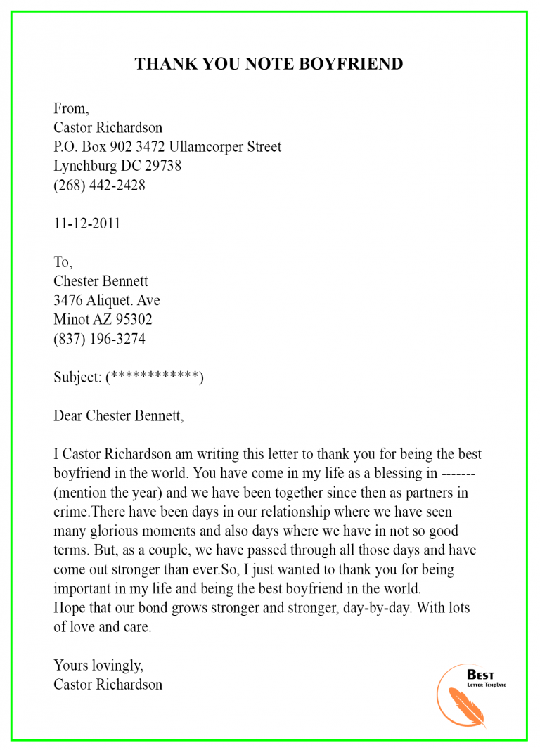 Thank you Letter Template To Boyfriend Sample & Examples