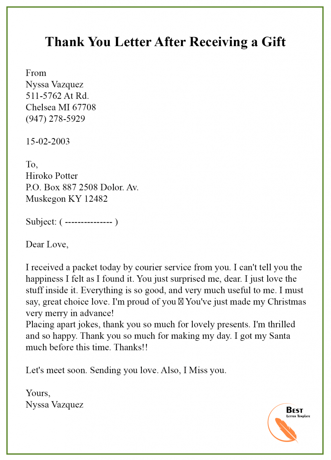 Thank You Letter Template For Gift - Sample & Examples