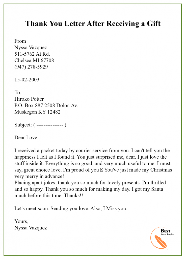 Thank You Letter For Gift Template