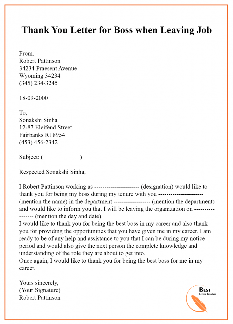 Thank You Letter Template To Boss Manager Sample Examples