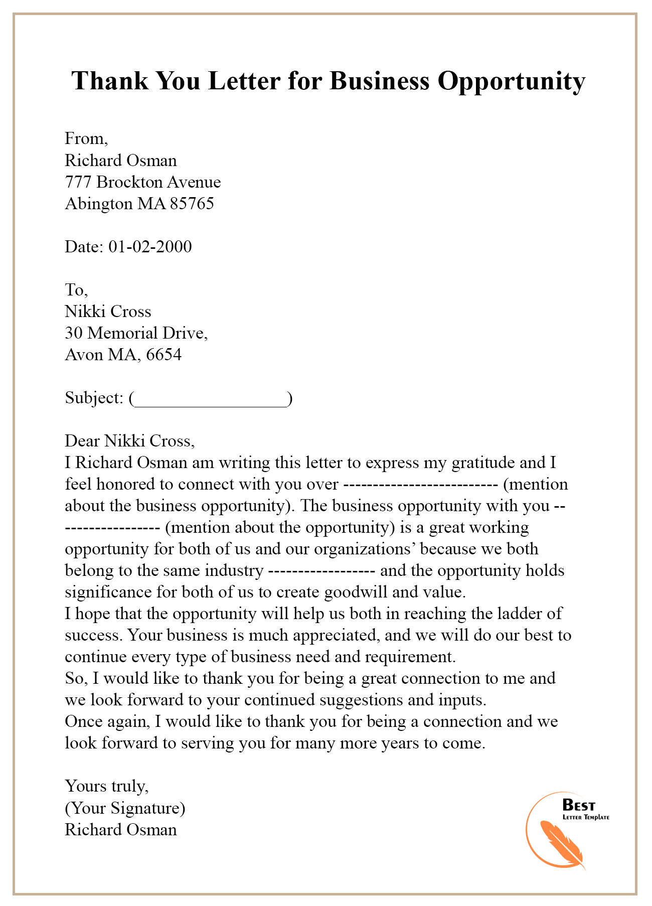 cover letter thank you for the opportunity