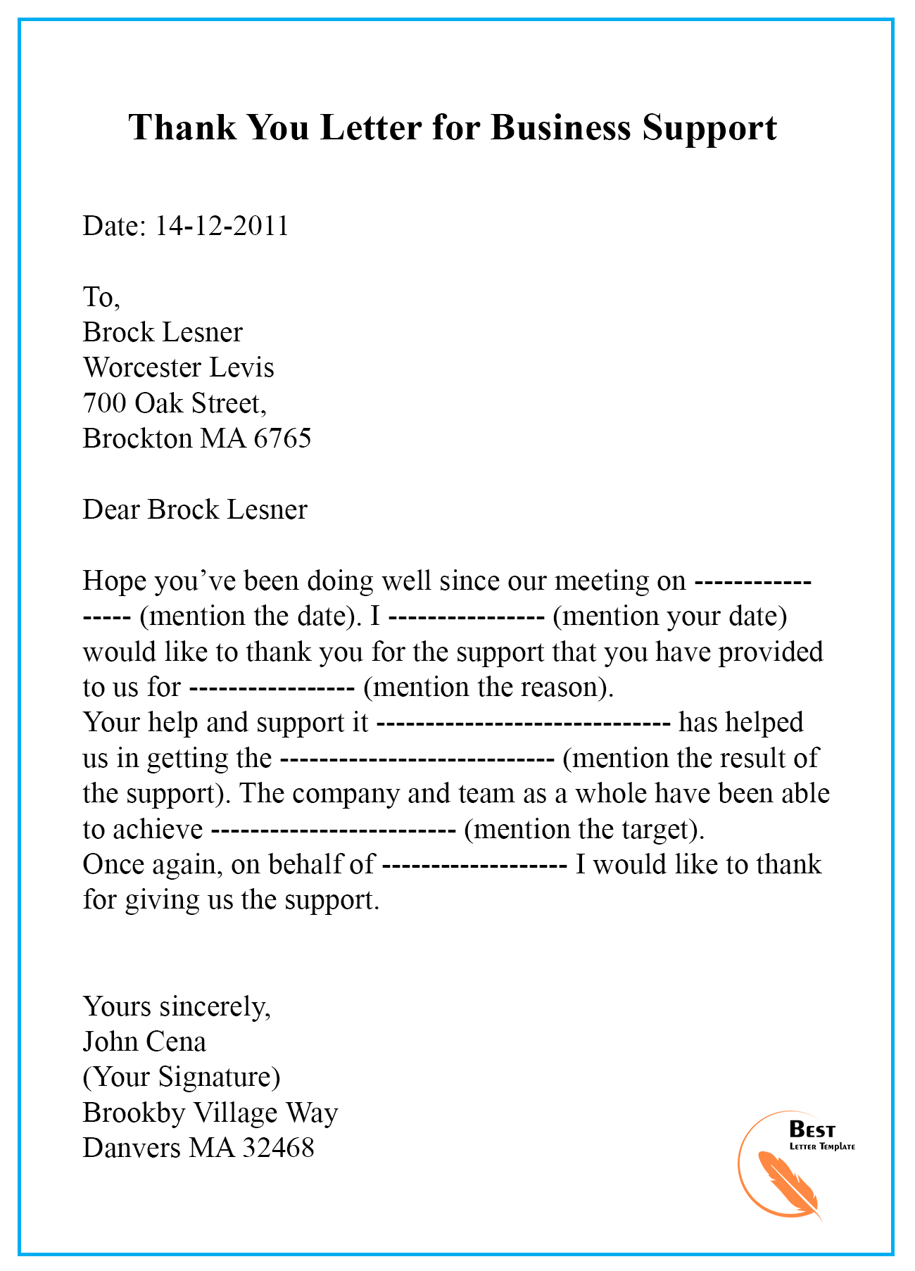 Thank You Letter Template for Support Sample Examples
