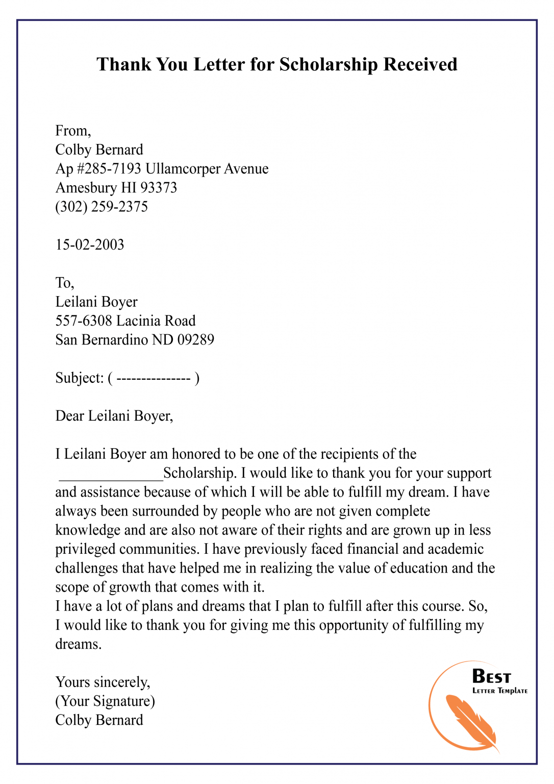 Thank You Letter Template For Scholarship - Sample & Examples