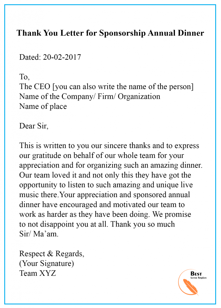 Thank You Letter Template for Sponsorship Sample Examples