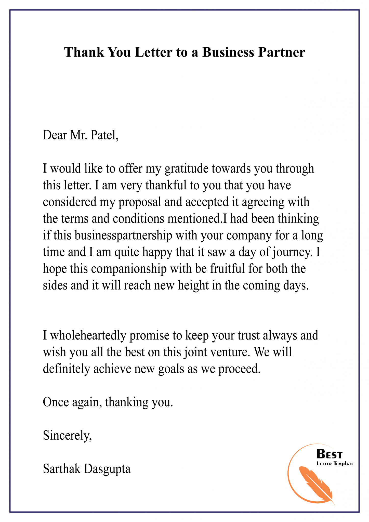 Sample Thank You Letter Template for Business Partnership