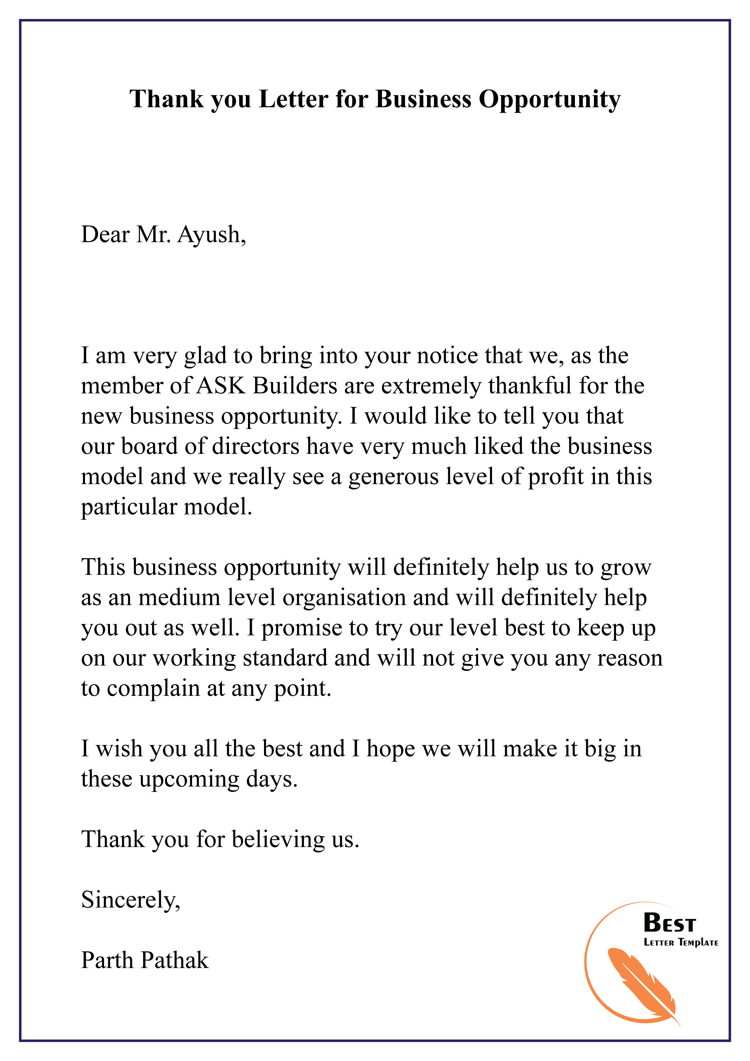 Thank you Letter for Business Opportunity-01 - Best Letter ...
