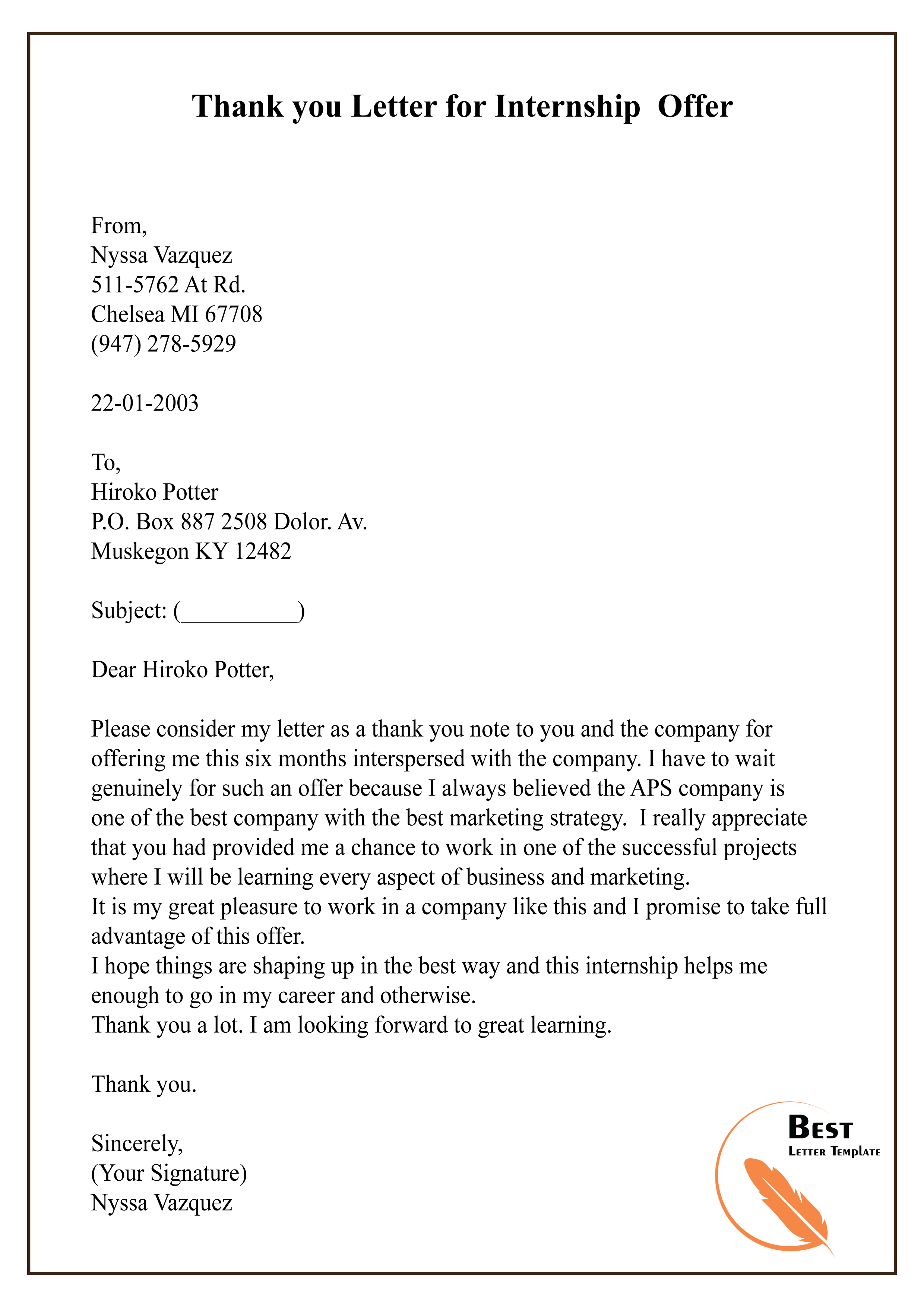 Thank You Letter For Offer from bestlettertemplate.com