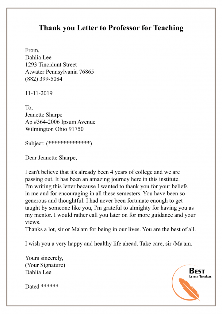 Sample Thank You Letter Template to Teacher/Professor