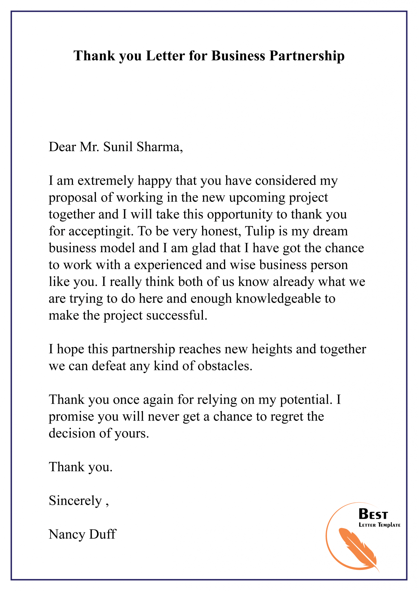 Sample Thank You Letter Template for Business Partnership