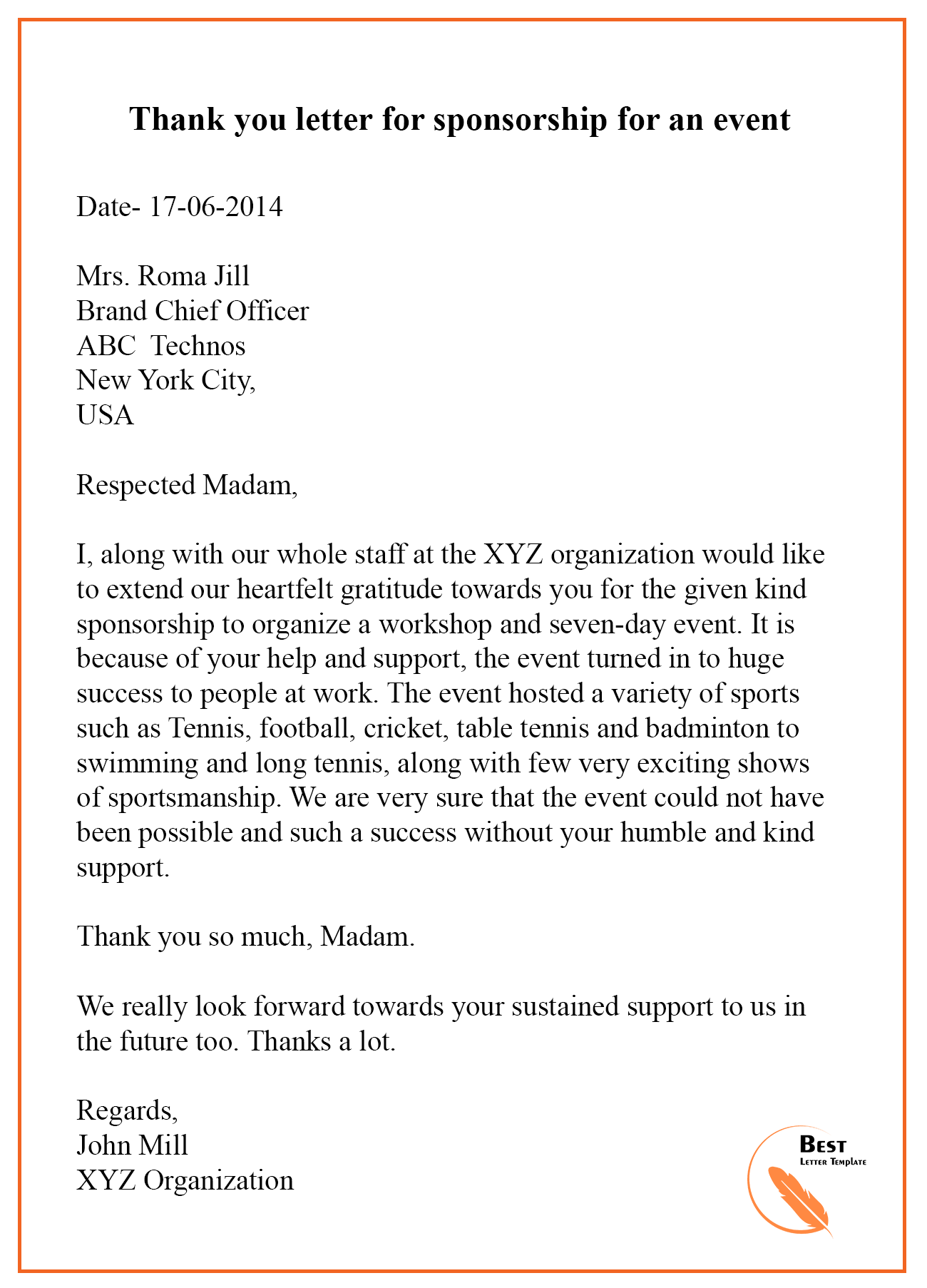 Thank You Letter To Sponsors from bestlettertemplate.com