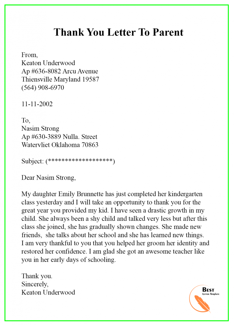 Thank You Letter Template To Parents Sample & Examples