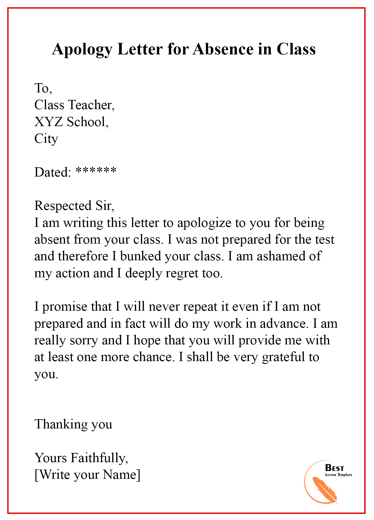 Absent Letter For School - Letter