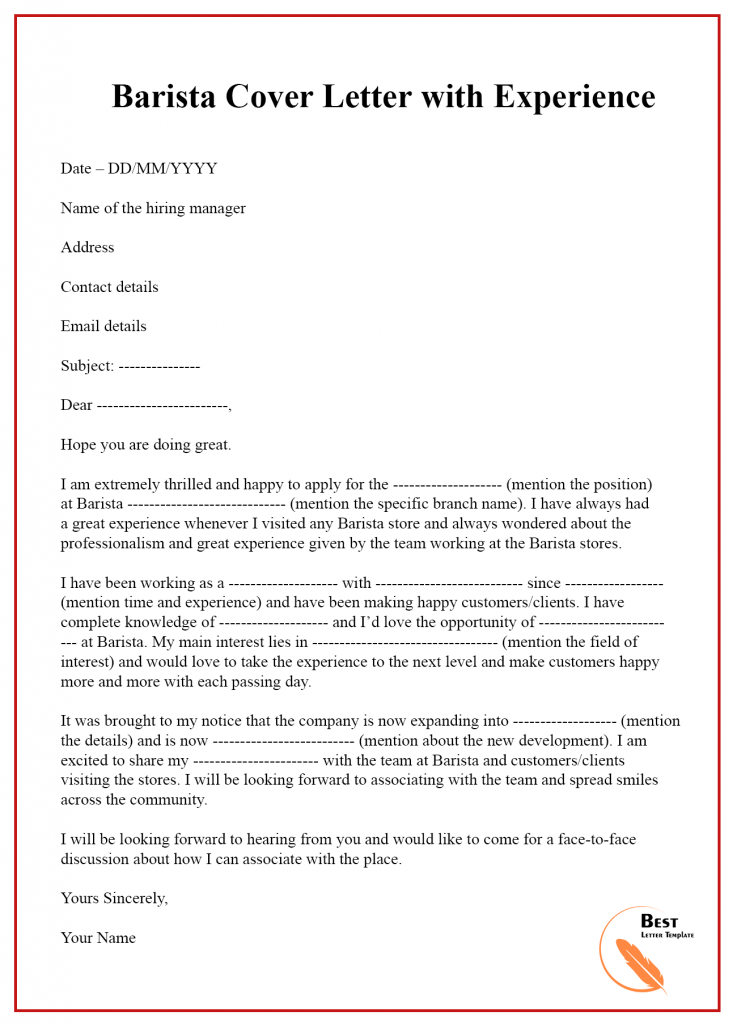 Barista Cover Letter Template Format, Sample & Examples