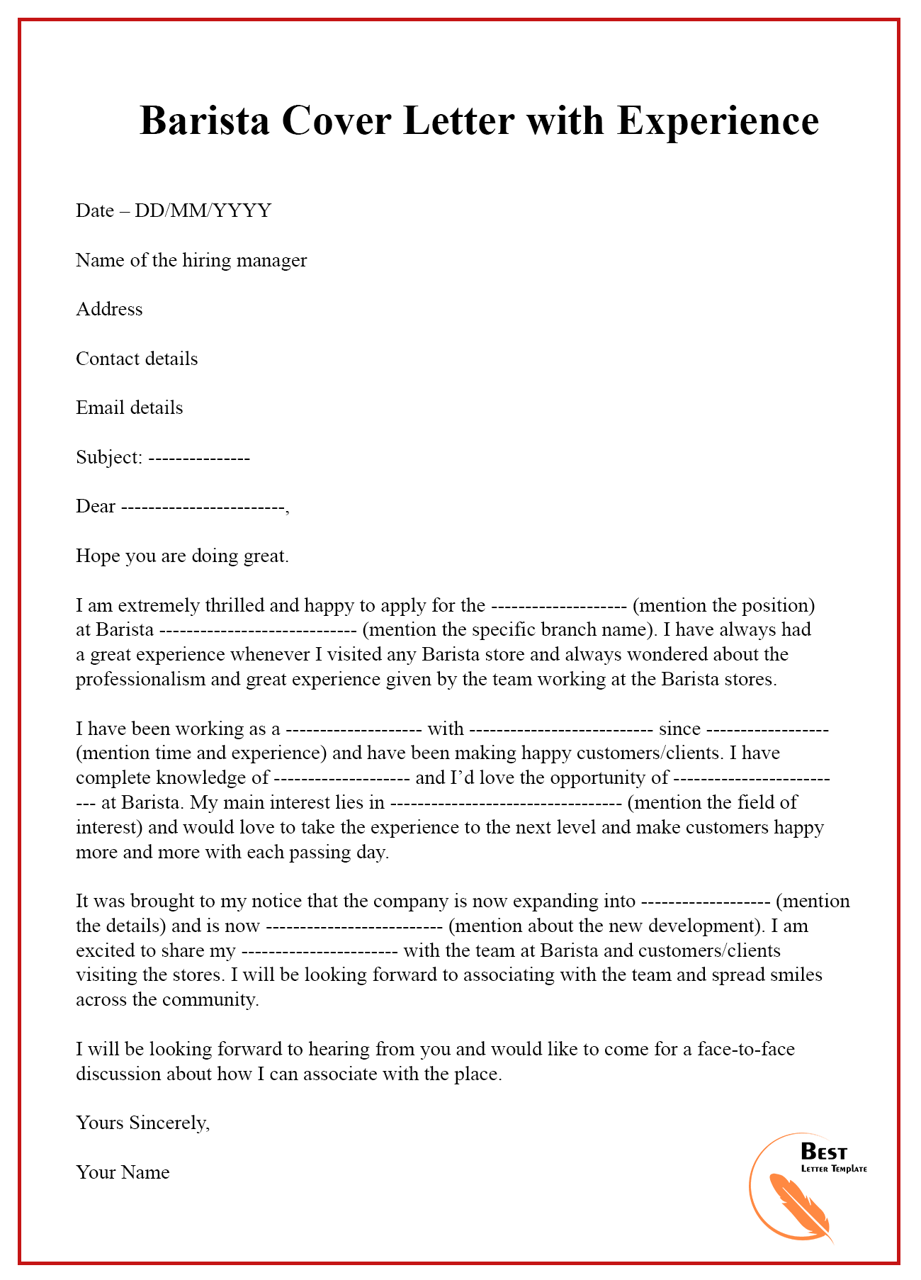 sample cover letter for coffee shop