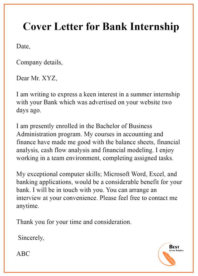 cover letter for bank internship with no experience