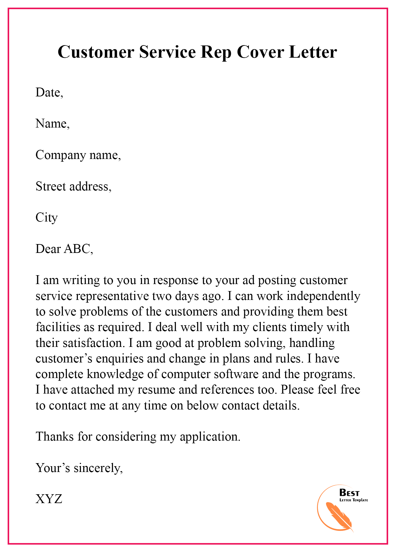 Customer Service Rep Cover Letter 