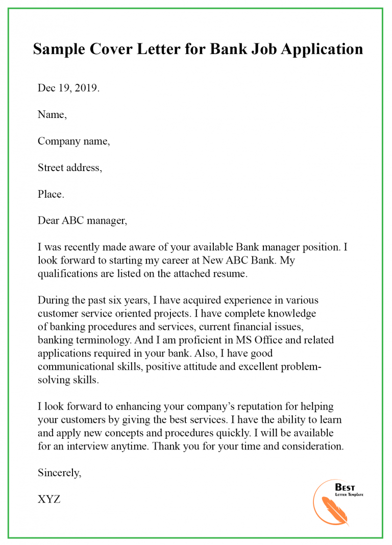 cover letter to a bank job