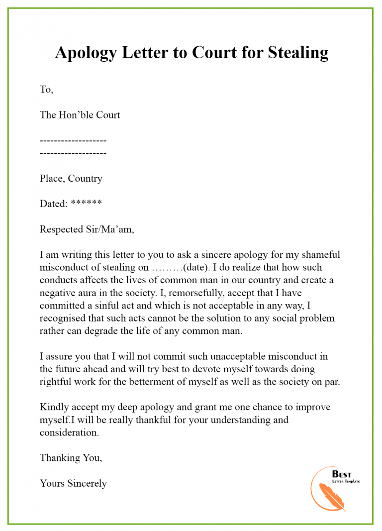 Apology Letter Template to Court Format Sample Example