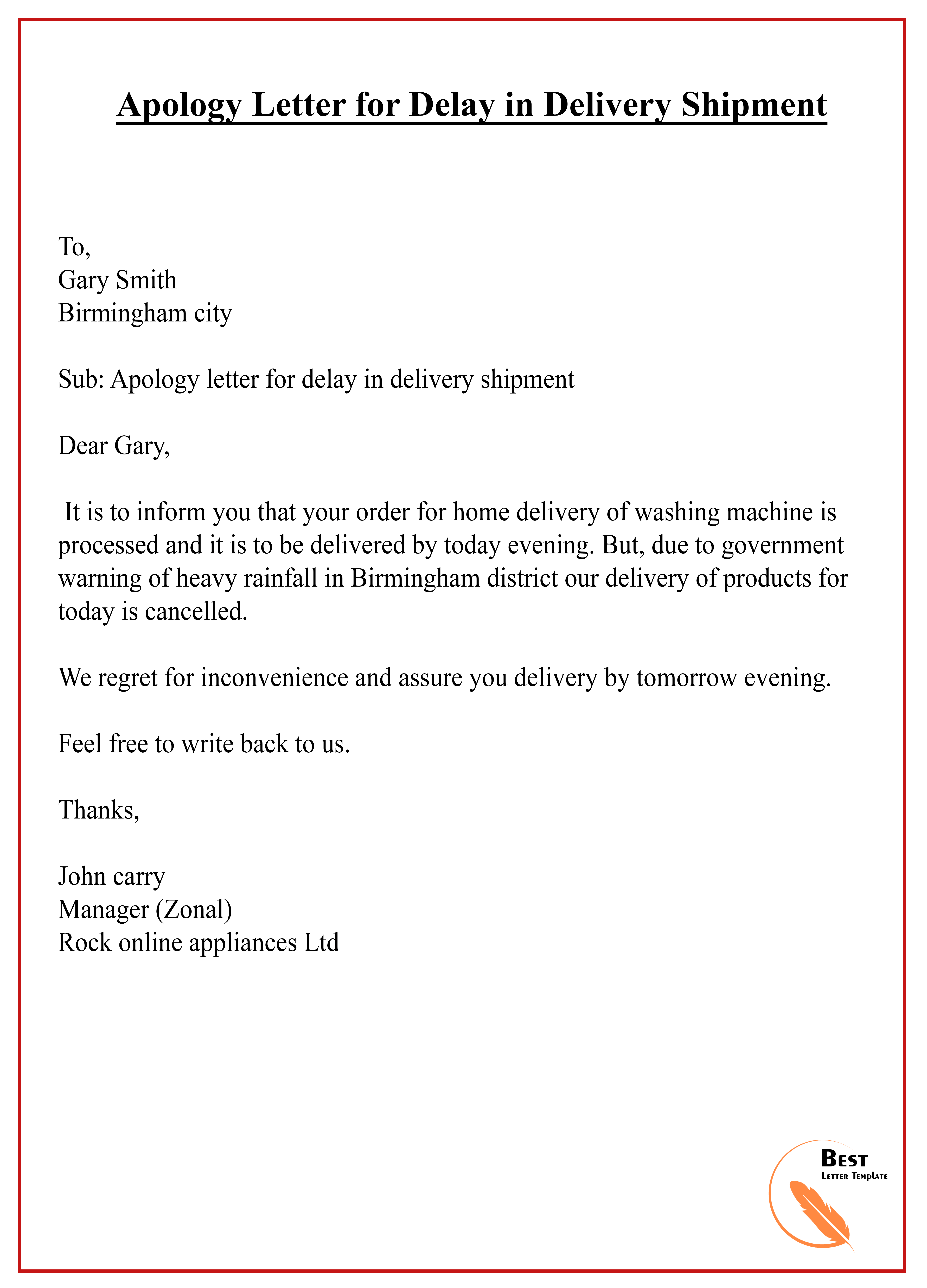 apology letter delay shipment
