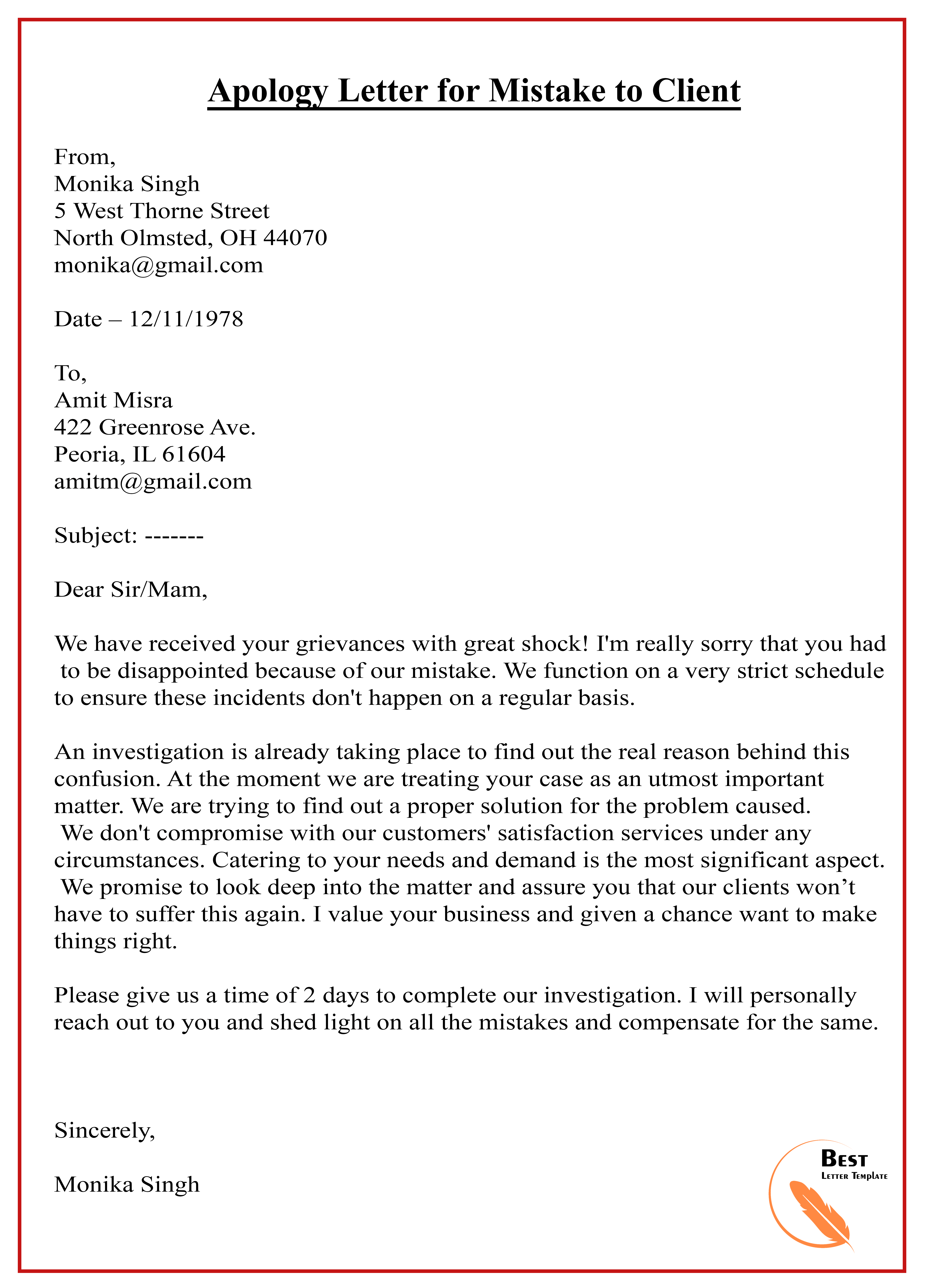 Apology Letter To Customer For Mistake from bestlettertemplate.com