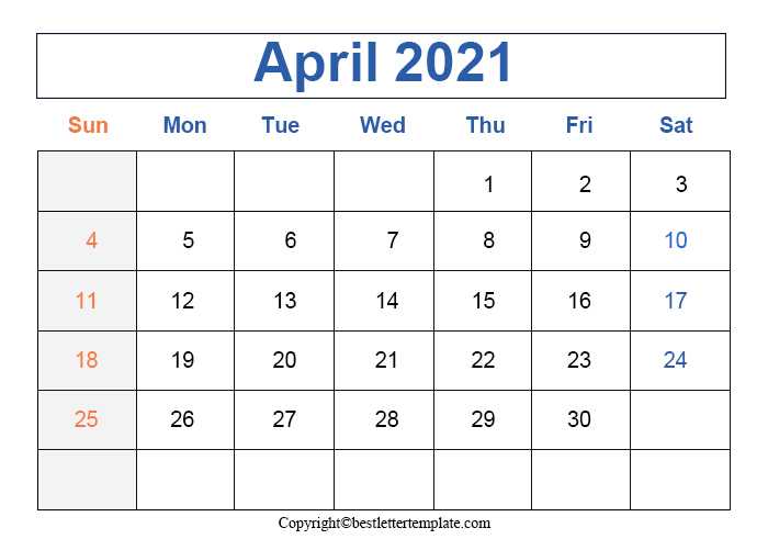 April 2021 calendar Landscape