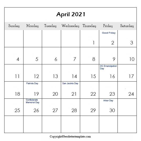 April Calendar 2021 with Holidays